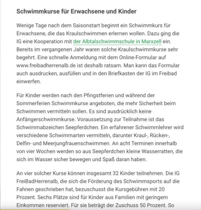 Albtal Zeitungsausschnitt Schwimmschule